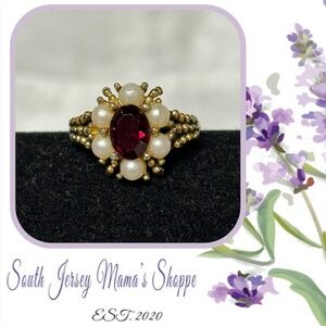 Vintage Avon Gold Tone With Faux Pearl And Garnet Rhinestone Ring Size 4 3/4